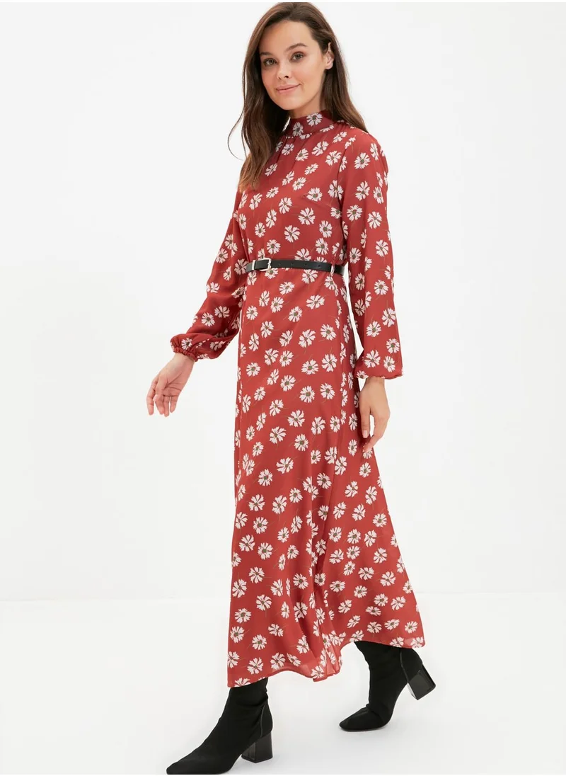 trendyol High Neck Floral Print Dress