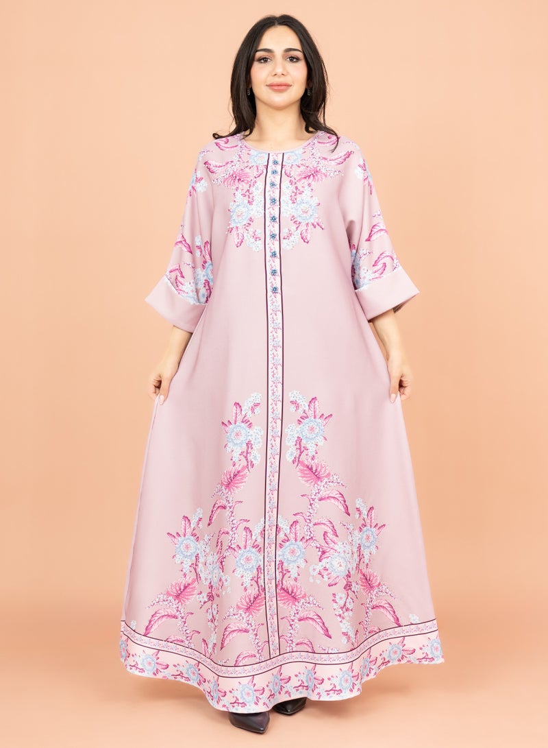 اكسا جلابية كريستال مطبوعة  وردي - Image 1