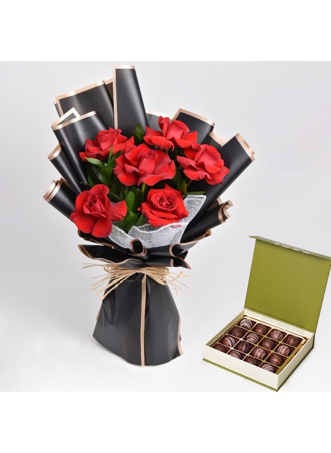 Ferns N Petals - Chocolate Truffles And Bunch Of 6 Red Fresh Roses - Image 1