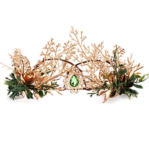 MOSTORY Handmade Woodland Fairy Crown Elf Forest Headpiece Medieval Leaf Circlet for Men Prince Adult God Cosplay Renaissance Halloween Wedding Gold Green - Image 1