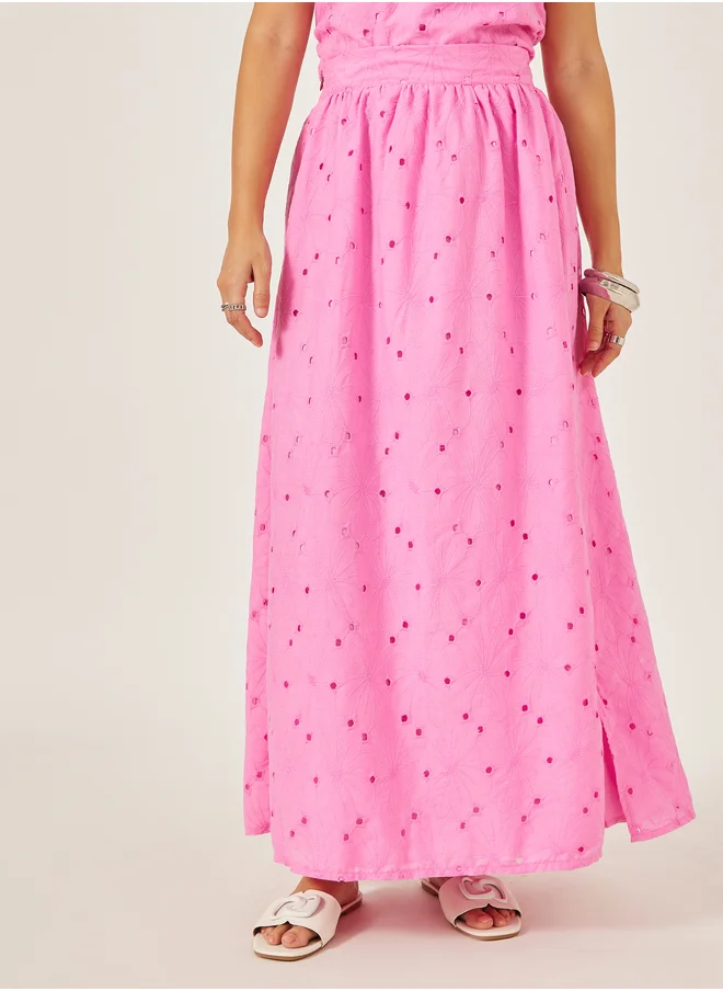 ستايلي Styli Schiffli A-Line Maxi Skirt with Slit Detail