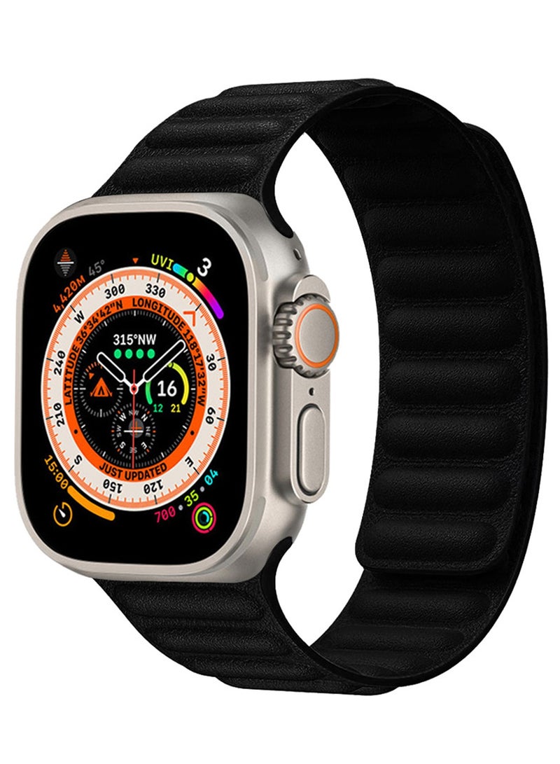 CATANES Replacement Band for Apple Watch Band 49mm 46mm 45mm 44mm -Leather Link Strap Magnetic Loop Adjustable Bracelet - Black - Image 2