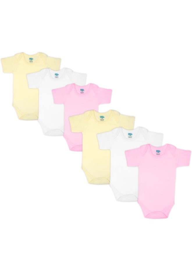 Babies Basic 100% Super Combed Cotton, Short Sleeves Romper/Bodysuit, For New Born To 24Months, Set Of 6 - Pink, Lemon, Cream  - Image 1
