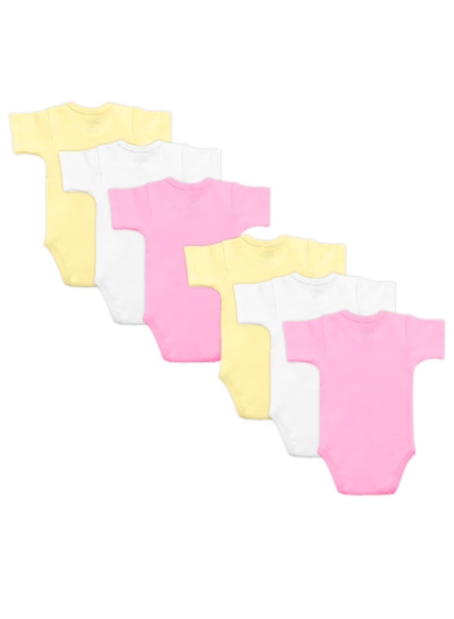 Babies Basic 100% Super Combed Cotton, Short Sleeves Romper/Bodysuit, For New Born To 24Months, Set Of 6 - Pink, Lemon, Cream  - Image 5
