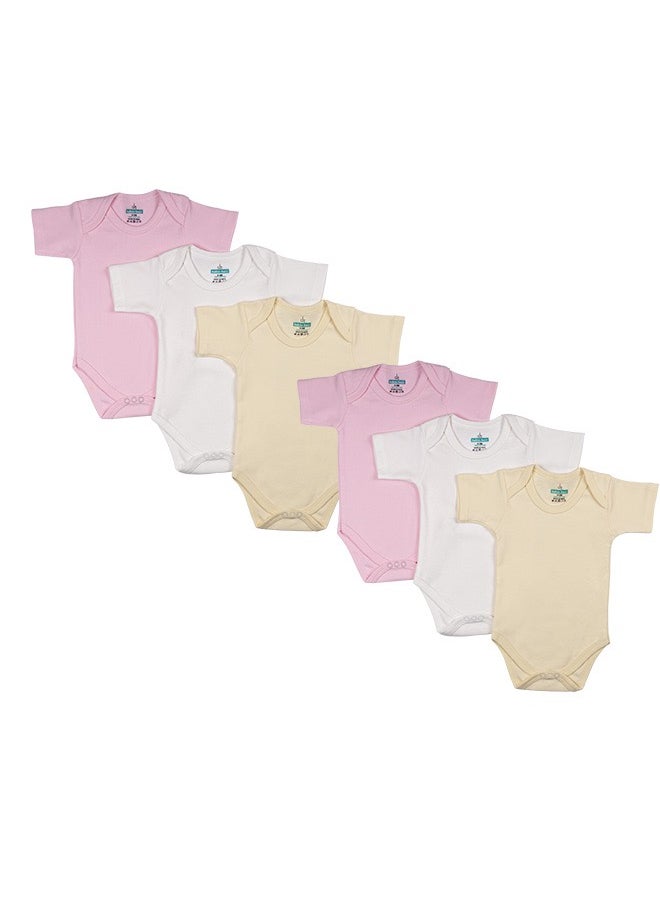 Babies Basic 100% Super Combed Cotton, Short Sleeves Romper/Bodysuit, For New Born To 24Months, Set Of 6 - Pink, Lemon, Cream  - Image 1