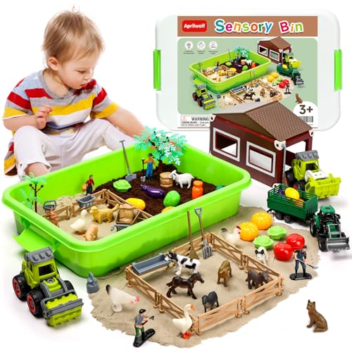Aprilwolf 69 PCS Farm Sensory Bin Toys Playset Sandboxes with Sand Farmer Tractor Farm Animals Figures Toys for Kids 3 4 5 Gifts for 6 7 Years Old Boys Girls Toddlers - Image 1