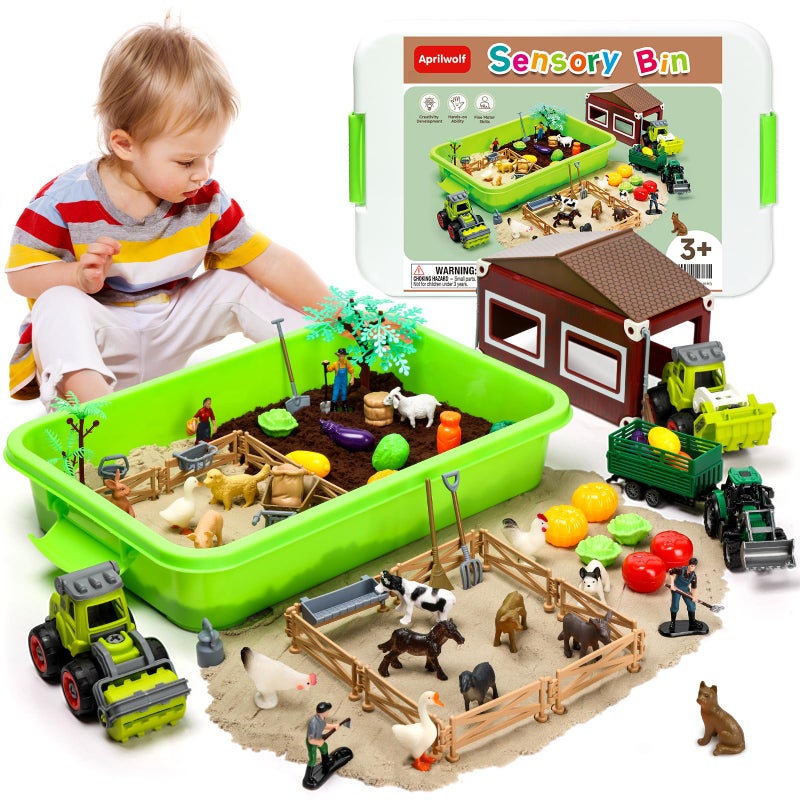 Aprilwolf 69 PCS Farm Sensory Bin Toys Playset Sandboxes with Sand Farmer Tractor Farm Animals Figures Toys for Kids 3 4 5 Gifts for 6 7 Years Old Boys Girls Toddlers - Image 2