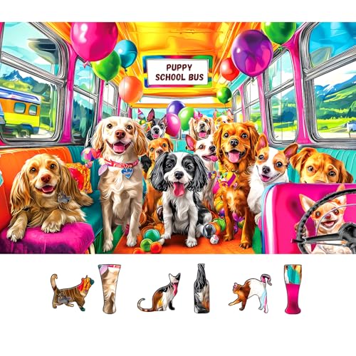 MINIWAN Puppy School Bus Party 500 Piece Puzzle for Adults Fun Puzzles for Adults 500 Pieces with HD Print Poster 23 X 15 Dust Free for Gifts Halloween Christmas Family Lovers - Image 1