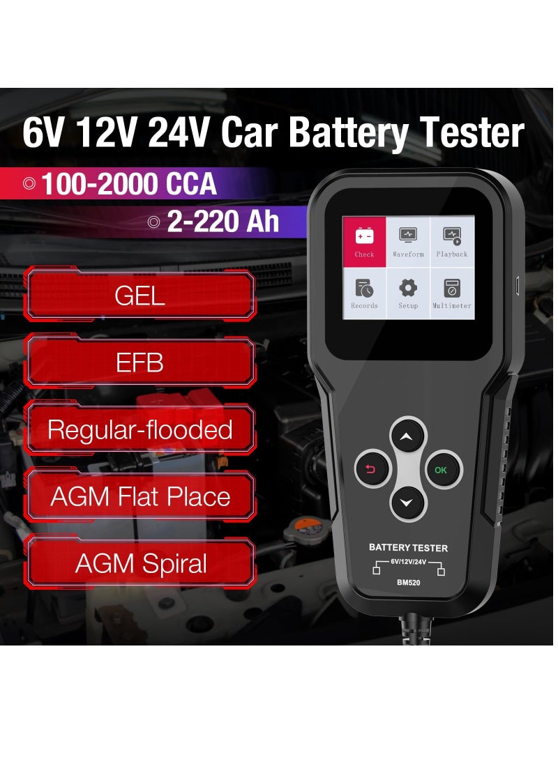 Multi-Voltage Car Battery Tester 6V 12V 24V, BM520 Automotive Battery Load Tester 100-2000 CCA Auto Battery Tester Digital Battery Analyzer Auto Battery Capacity and Load Tester for Car Motorcycle AT