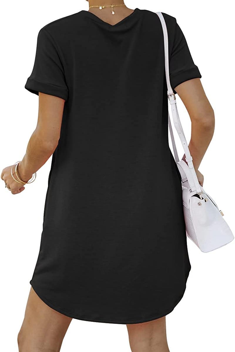 YEXIPO Women's Casual Summer Short Sleeve T Shirt Dress Nightgown Crew Neck Loose Solid Color Basic Dresses with Pockets - Image 2