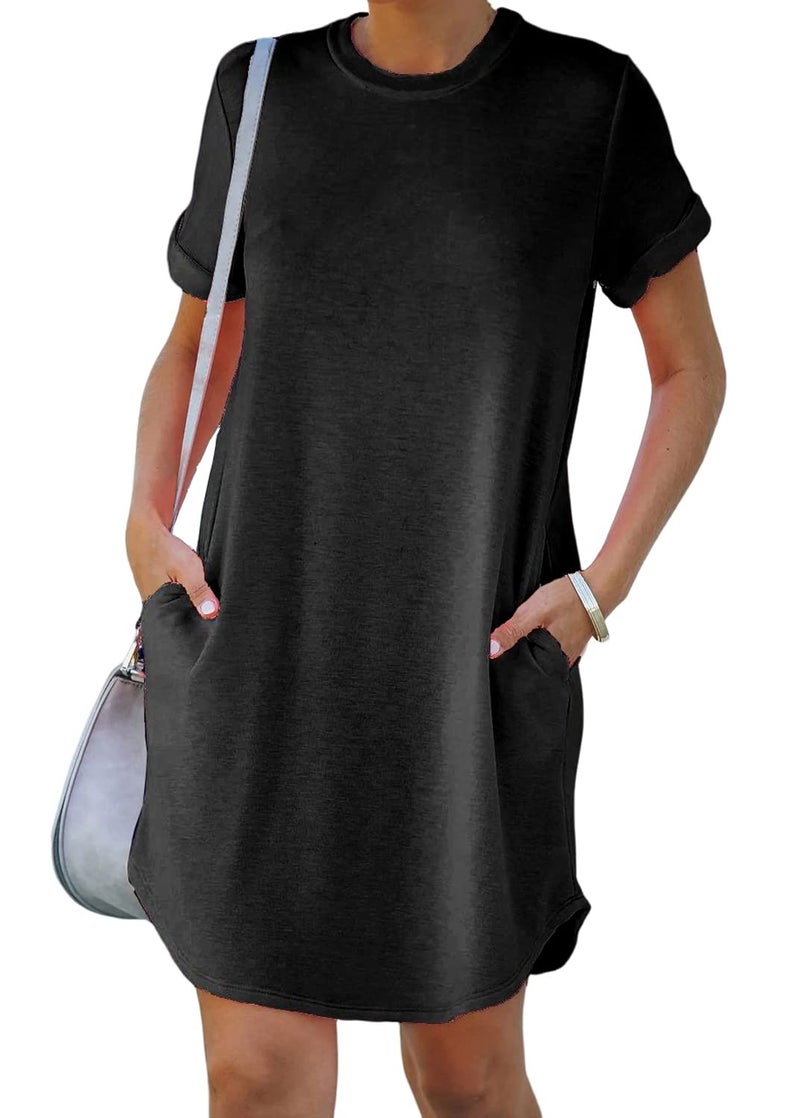 YEXIPO Women's Casual Summer Short Sleeve T Shirt Dress Nightgown Crew Neck Loose Solid Color Basic Dresses with Pockets - Image 5