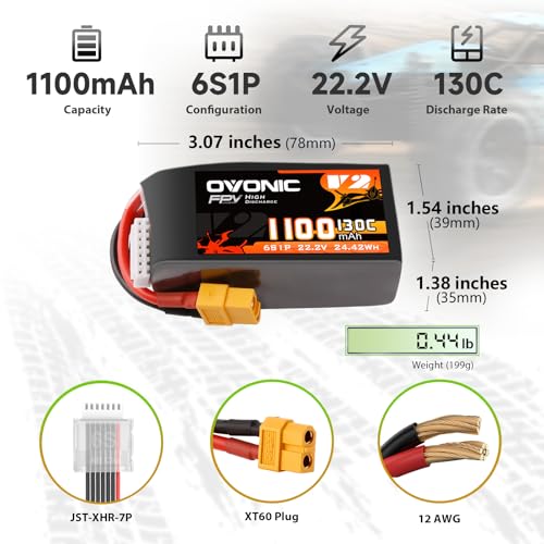 OVONIC 130C 6S 1100mah Lipo Battery 22.2V Pack with XT60 Plug for FPV Racing - Image 2