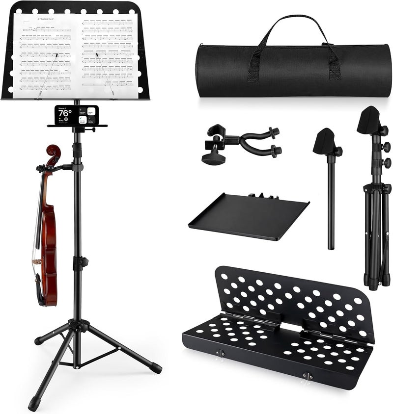 Vangoa Music Stand, Professional Portable Music Stand for Sheet Music with Violin Hanger, Folding Sheet Music Folder Music Instrument Stand with Carrying Bag, MD-3 - Image 1