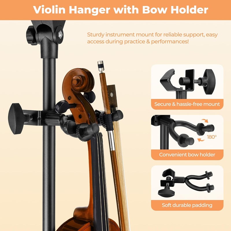 Vangoa Music Stand, Professional Portable Music Stand for Sheet Music with Violin Hanger, Folding Sheet Music Folder Music Instrument Stand with Carrying Bag, MD-3 - Image 2