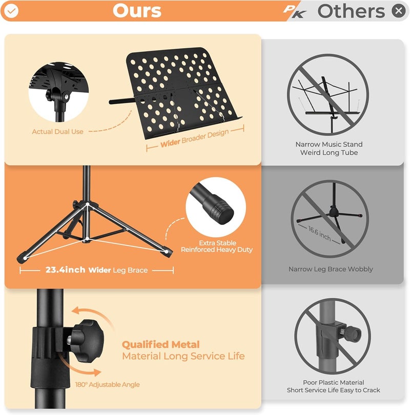 Vangoa Music Stand, Professional Portable Music Stand for Sheet Music with Violin Hanger, Folding Sheet Music Folder Music Instrument Stand with Carrying Bag, MD-3 - Image 4