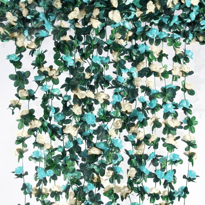 6 PCS 49FT FLOWER GARLAND ARTIFICIAL ROSE VINE FLOWERS WITH GREEN LEAVES HANGING FAKE ROSES VINE FOR ROOM ANNIVERSARY WEDDING BIRTHDAY CHRISTMAS WALL ARCH DECOR WHITE BLUE FLOWER