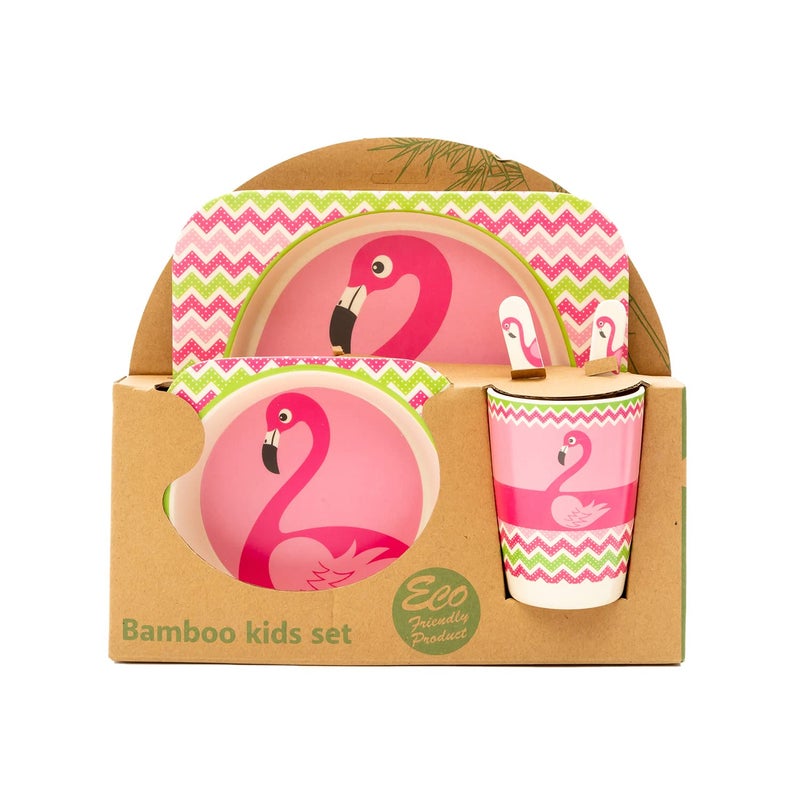 EZ Life EZ Life 5 Piece Kids Meal Set Smart Swan Eco Friendly Bamboo Fibre Plate Bowl Spoon Fork and Cup Pink and Multicolour Crockery Dinner Set Dinnerware Home Kitchen Kids Dinner Plate  - Image 1