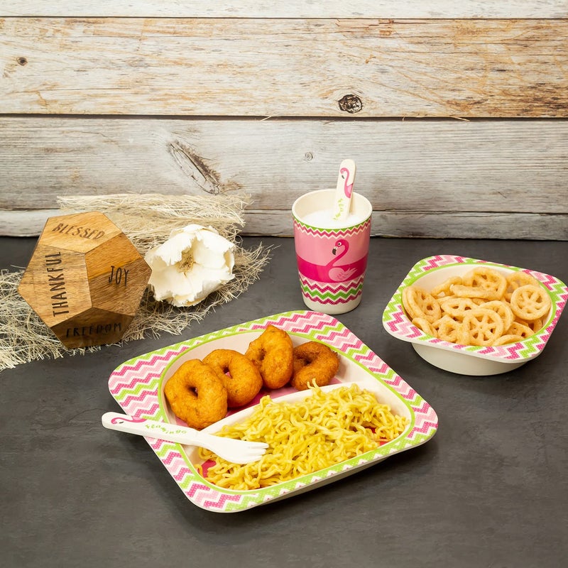 EZ Life EZ Life 5 Piece Kids Meal Set Smart Swan Eco Friendly Bamboo Fibre Plate Bowl Spoon Fork and Cup Pink and Multicolour Crockery Dinner Set Dinnerware Home Kitchen Kids Dinner Plate  - Image 3