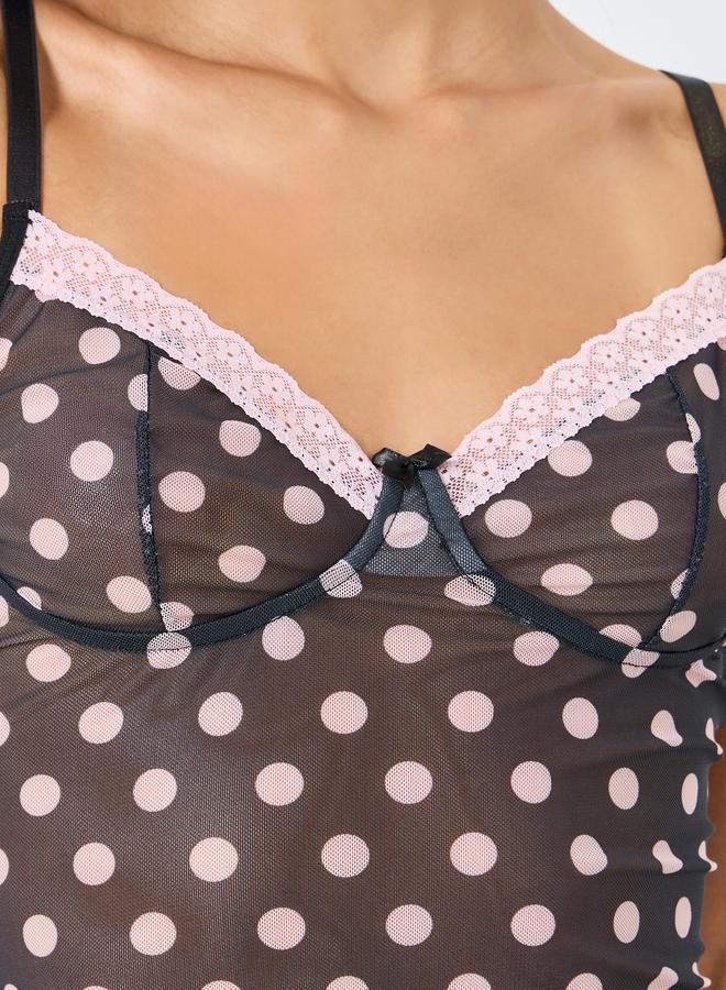 ستايلي قميص نوم بحواف دانتيل وطبعة بولكا مع سروال داخلي - Image 3