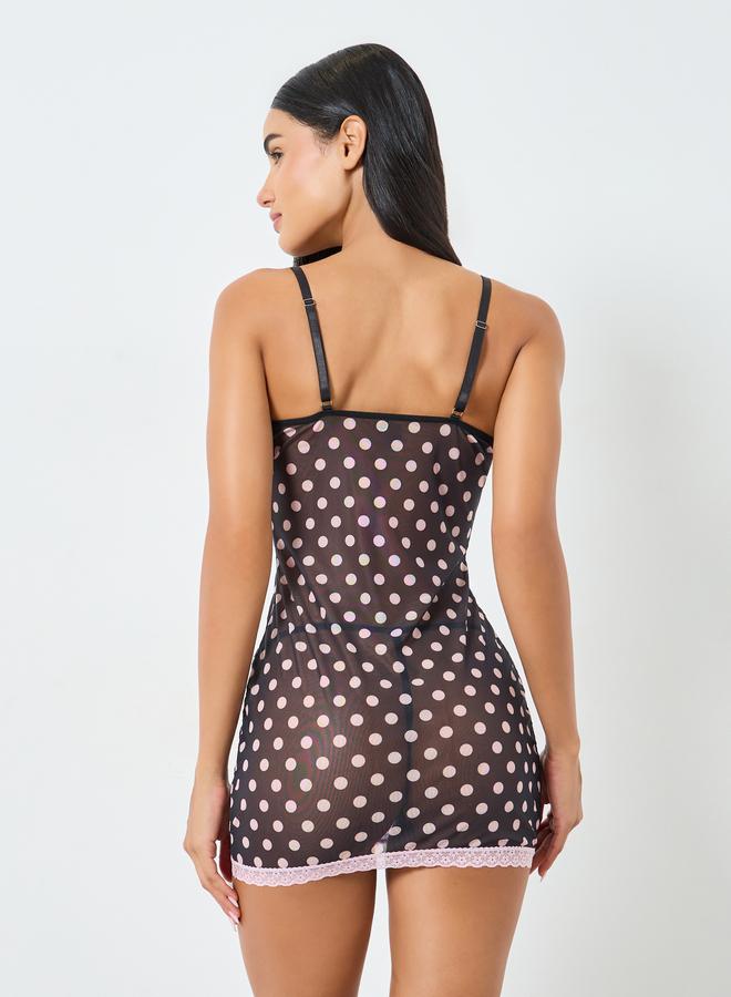 ستايلي قميص نوم بحواف دانتيل وطبعة بولكا مع سروال داخلي - Image 5