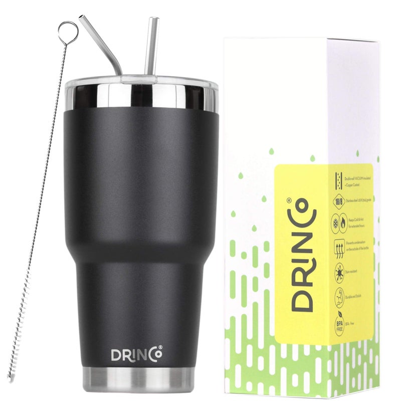 Drinco - 30 oz Stainless Steel Tumbler  Double Walled Vacuum Insulated Mug With Lid  2 Straws  For Hot & Cold Drinks (30oz  30oz Black)  1 Count (Pack of 1)