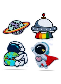 Daily Crafts Daily Crafts 4 pcs Space Theme DIY Iron On Fabric Repair Acessories Trendy Design Embroidered Patches Planet Astronaut Superhero Sitting Astronaut Hugging Smiling Earth And Alien UFO with Rainbow Stripes 