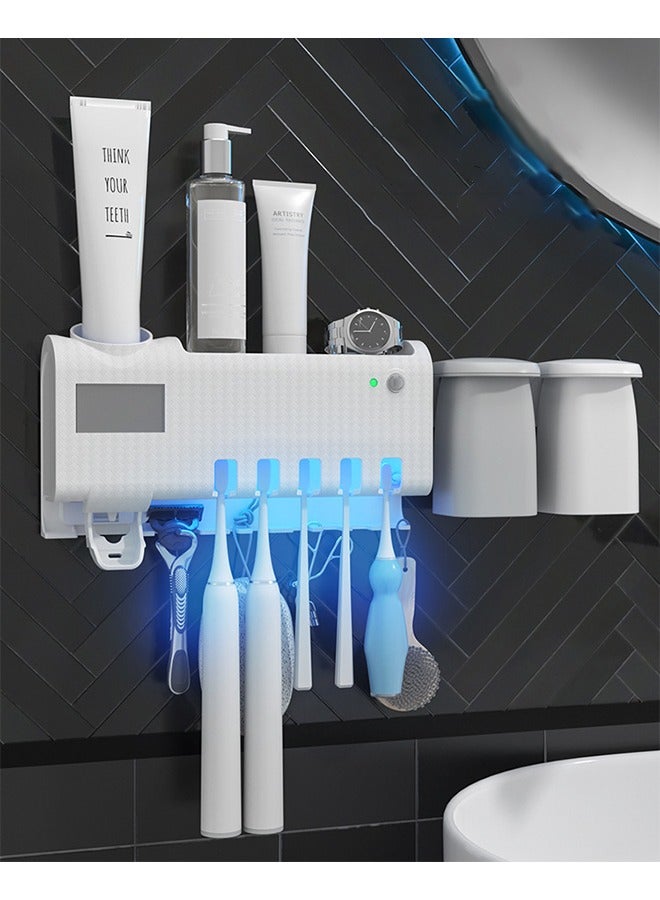 Toothbrush Holder Wall-mounted Adhesive Automatic Toothpaste Dispenser Space-saving Toothbrush Finisher with Dust Cover Cup and Drawer Cosmetics Finisher 4 Cups (no Need to Drill) - Image 1