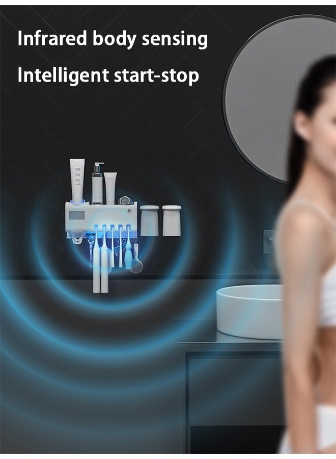 Toothbrush Holder Wall-mounted Adhesive Automatic Toothpaste Dispenser Space-saving Toothbrush Finisher with Dust Cover Cup and Drawer Cosmetics Finisher 4 Cups (no Need to Drill) - Image 4