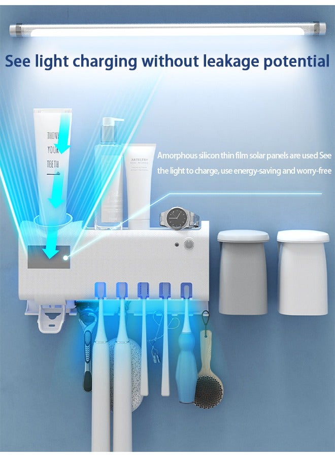 Toothbrush Holder Wall-mounted Adhesive Automatic Toothpaste Dispenser Space-saving Toothbrush Finisher with Dust Cover Cup and Drawer Cosmetics Finisher 4 Cups (no Need to Drill) - Image 2