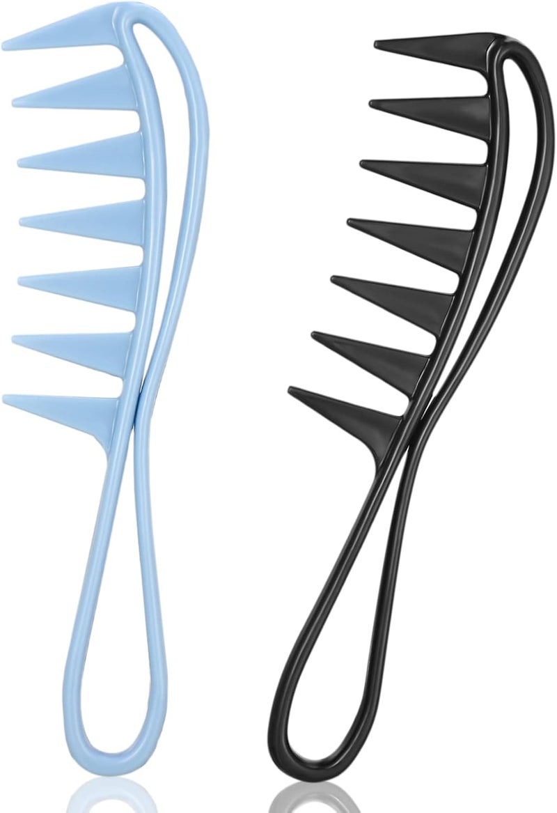 Fuyamp 2 Pack Large Teeth Shark Combs for Curly Afro Hair Barber Tool Blue Black