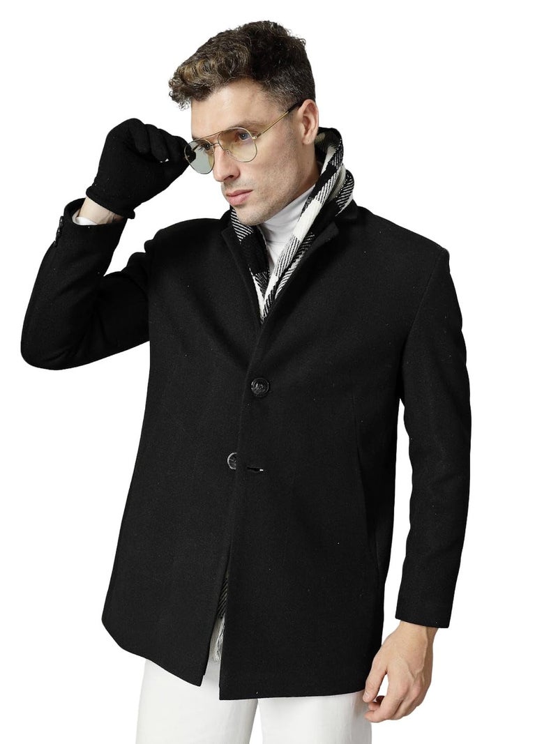 CHKOKKO Men Stylish Winter Coat Hip Length, Single Breasted Design with Notched Lapel Collar| Buttoned Cuffs and Front Side Pockets for Versatile Occasions Black S - Image 1