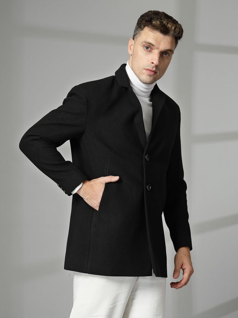CHKOKKO Men Stylish Winter Coat Hip Length, Single Breasted Design with Notched Lapel Collar| Buttoned Cuffs and Front Side Pockets for Versatile Occasions Black S - Image 5