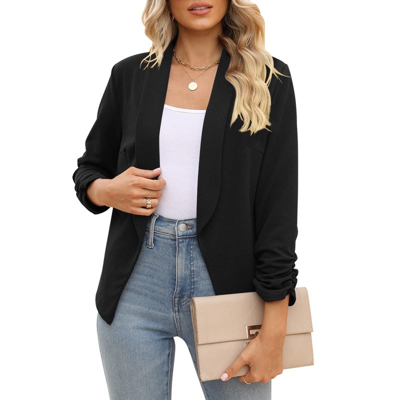 POGTMM POGT Black Blazer for Women,Office Casual Blazer Jacket Open Front Cardigan (M, Black) - Image 3