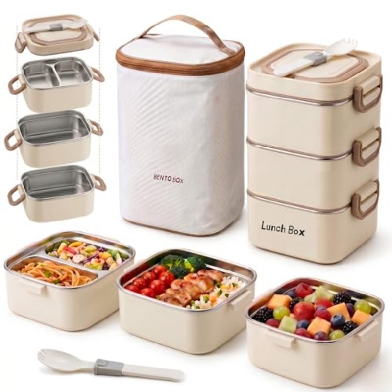 3-Layer Stainless Steel Lunch Box for Adults with Insulated Bag and Spoon, Leakproof Bento Lunch Box with Compartments, Thermal Lunch Box Set for Office, Work, Picnic, Travel - Image 1