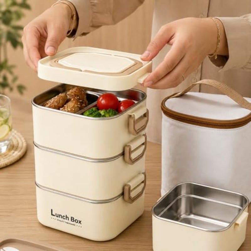3-Layer Stainless Steel Lunch Box for Adults with Insulated Bag and Spoon, Leakproof Bento Lunch Box with Compartments, Thermal Lunch Box Set for Office, Work, Picnic, Travel - Image 2