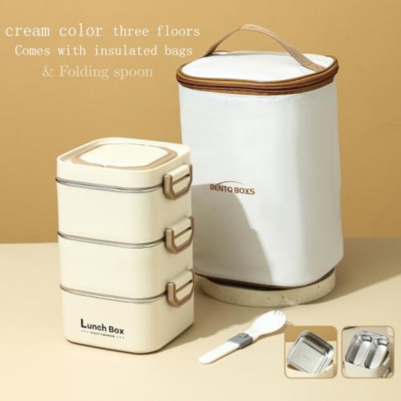 3-Layer Stainless Steel Lunch Box for Adults with Insulated Bag and Spoon, Leakproof Bento Lunch Box with Compartments, Thermal Lunch Box Set for Office, Work, Picnic, Travel - Image 3