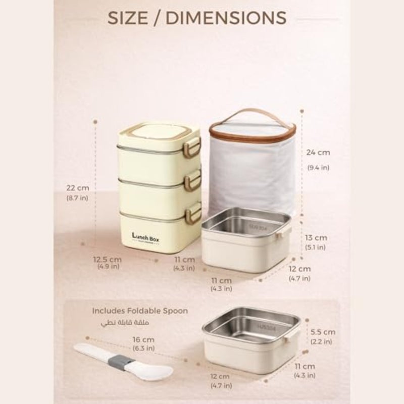 3-Layer Stainless Steel Lunch Box for Adults with Insulated Bag and Spoon, Leakproof Bento Lunch Box with Compartments, Thermal Lunch Box Set for Office, Work, Picnic, Travel - Image 5