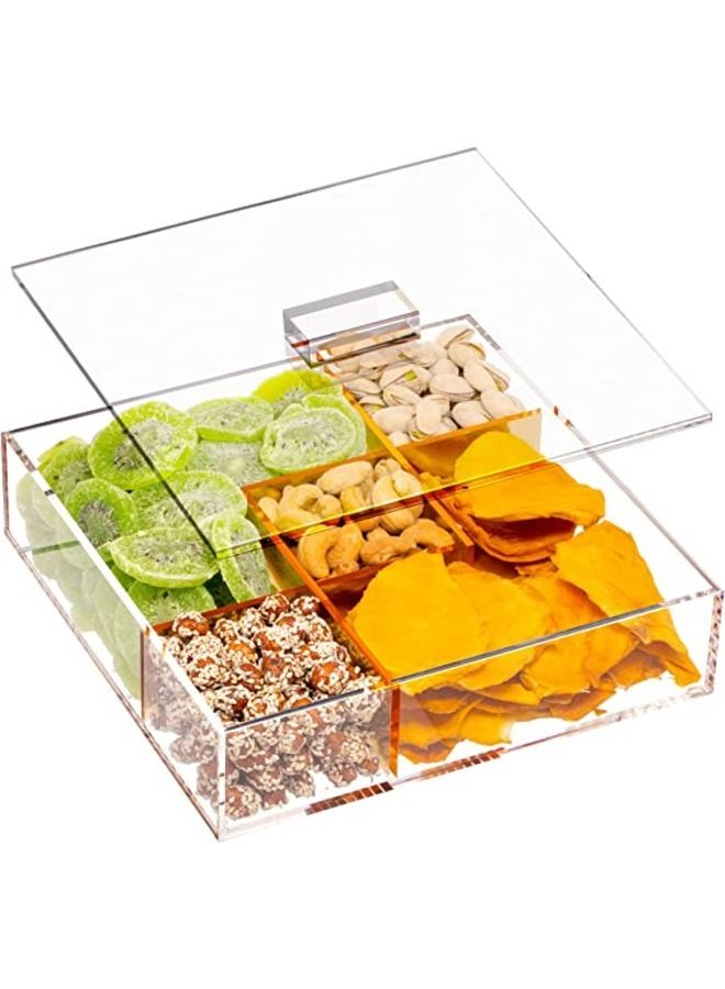 SMARTPOINTS Snack Serving Tray with Lid - Divided Appetizer Serving Tray Set, Empty Sectional Gift Box for Nuts & Dry Fruit Tray, Veggie Serving Platter, Candy Dish, Acrylic Clear-Gold, 5 Compartments Clear 23 cm - Image 1