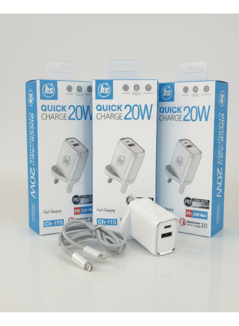 اتش اس HS Brand CH115 20W PD + QC 3.0 Fast Charger – Dual Port USB-A & USB-C Wall Adapter with Smart Chip, Quick Charging for iPhone, Samsung, Xiaomi, and More - Image 2