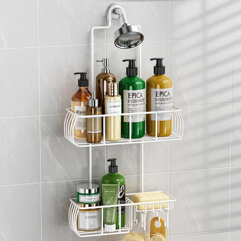 Epicano Shower Caddy Hanging AntiSwing Over Head Shower Caddy Rustproof with hooks for Towels Sponge and moreWhite