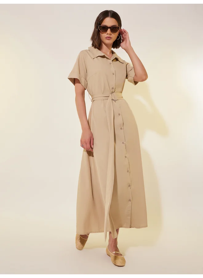 Take Two Take Two Solid Short Sleeve Belted Midi Shirt Dress