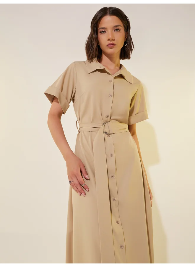 Take Two Take Two Solid Short Sleeve Belted Midi Shirt Dress