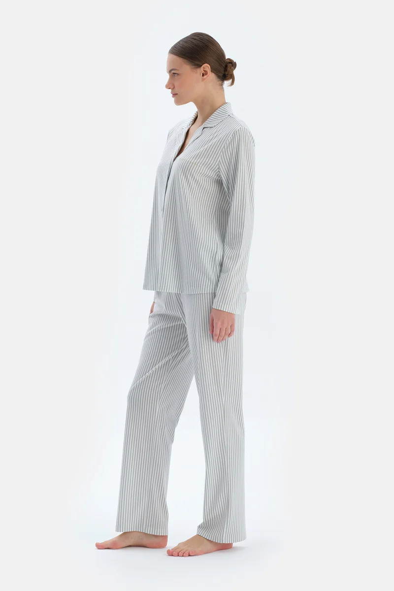 dagi Striped Shirt & Trousers Pajama Set Spread Collar Cotton Blend Mid Rise Regular/Classic Fit Sleepwear