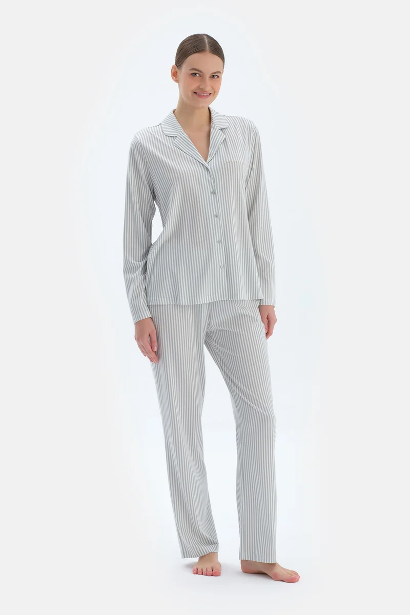dagi Striped Shirt & Trousers Pajama Set Spread Collar Cotton Blend Mid Rise Regular/Classic Fit Sleepwear