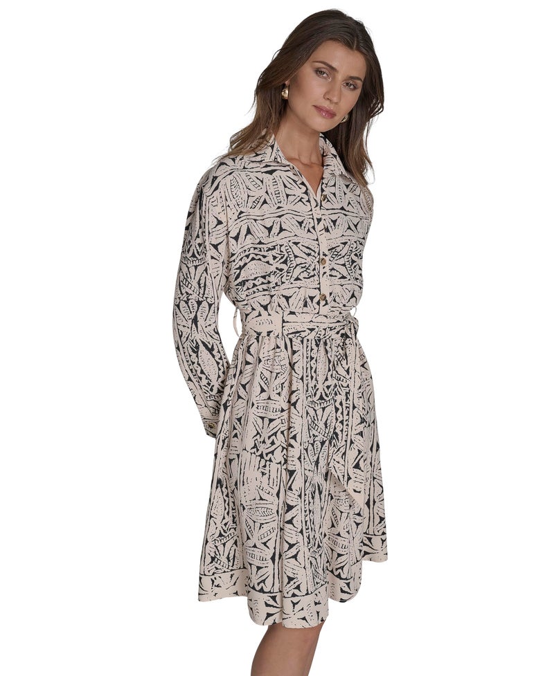 HALSTON H Women's Long Sleeve Collared V-Neck Dress, Vanilla/Blk, 10 - Image 1