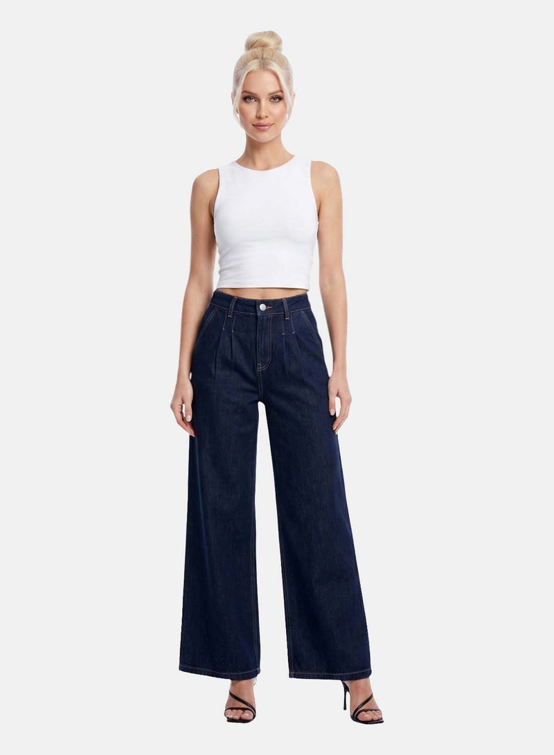 FOREVER 21 High-Waisted Pleated Wide-Leg Denim Jeans - Image 1