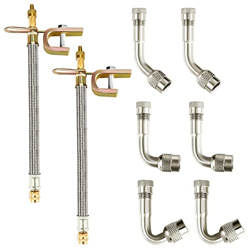 Frienda 8 Pcs Valve Stem Extension Include 2 Pcs 7.1 Inch Braided Dual Tire Valve Extenders 6 Pcs 45 90 135 Degree Brass Valve Stem Extender for Dual Wheels Passenger Cars RV Bicycle Trailer(7.1 Inches) - Image 1