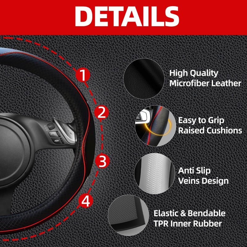 NBTEPEM 6 PCS Car Steering Wheel Cover Set, Microfiber Leather Steering Wheel Covers Universal 14.5-15 inch, Center Console Cover, Seat Belt Cushion, Cup Holder Coaster, Car Accessories Set Red - Image 3