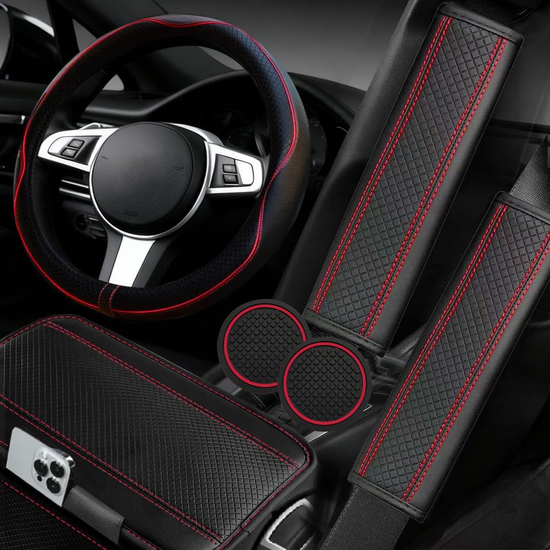 NBTEPEM 6 PCS Car Steering Wheel Cover Set, Microfiber Leather Steering Wheel Covers Universal 14.5-15 inch, Center Console Cover, Seat Belt Cushion, Cup Holder Coaster, Car Accessories Set Red - Image 1