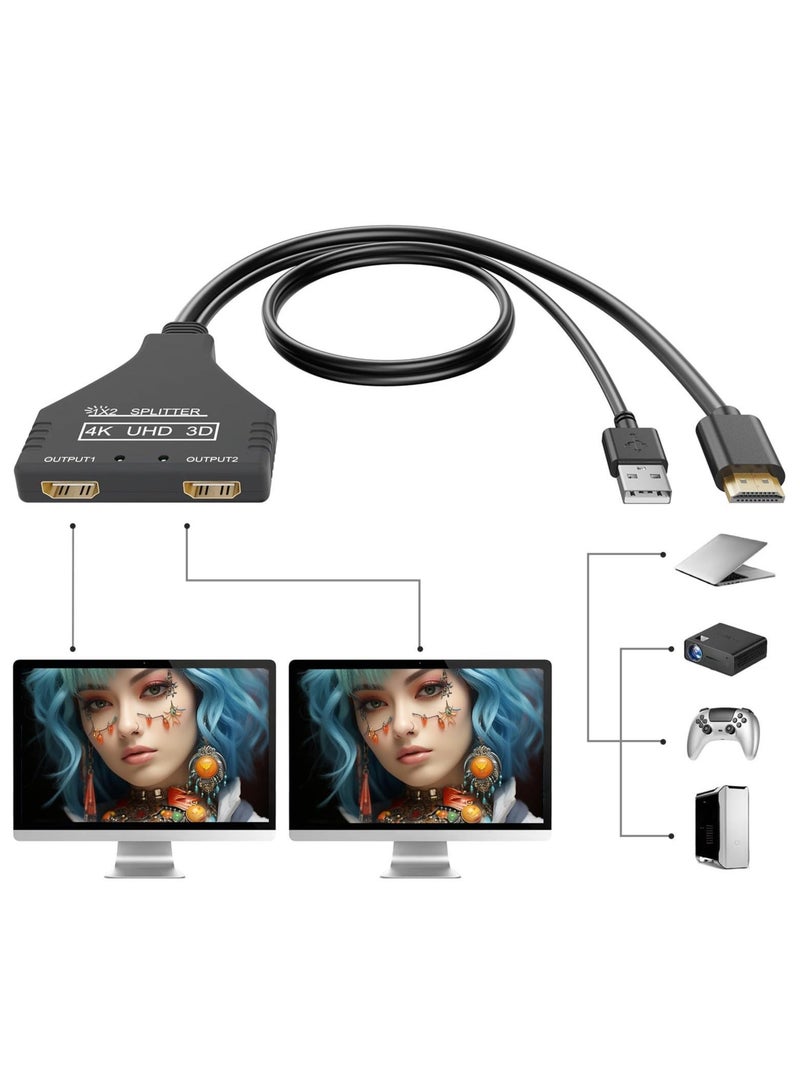 Captaintech 4K HDMI Splitter 1 in 2 Out, 4K 30Hz, HDMI 2.0 Cable Male to Dual Female, with Power USB Cable for HD, LED, LCD TV, Supports Dual Monitors Duplicated Mirror, 1080P 3D Full HD - Image 1